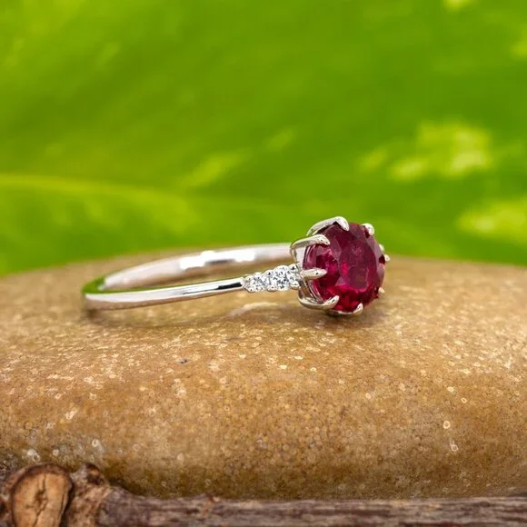 Round Rubellite Tourmaline Ring in Solid 14K White Gold with Diamond Accents